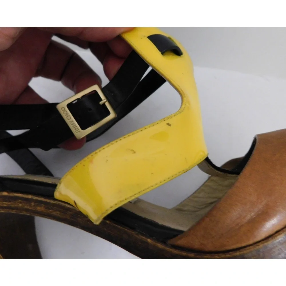 JIMMY CHOO Samos Yellow Patent Brown Leather Wood Platform Sandals sz 37